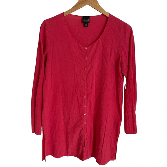 Eileen Fisher size XS Pink Button Up Tunic Shirt Top 100% Cotton Crepe Textured - Picture 1 of 5